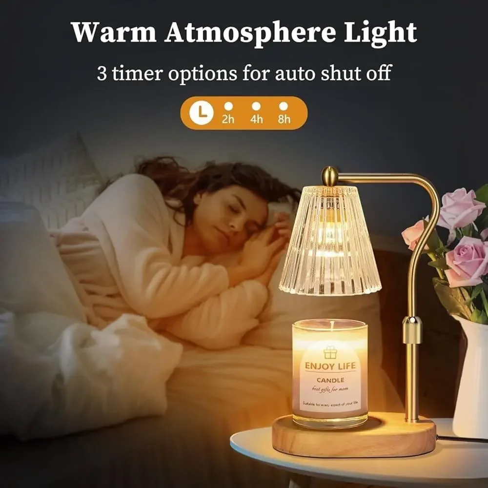 NEW Boxed White Glass Shade Gold Metal Arm Wood Stand Scented Candle Warmer Lamp